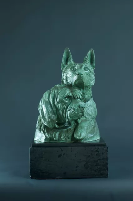 Ancien Grand Groupe en bronze Chien Berger Briard Irénée Rochard Art deco 60 cm