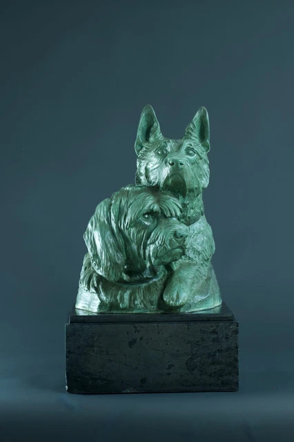 Antique Large Bronze Group Chien Berger Briard Irenée Rochard Art Deco 60 cm