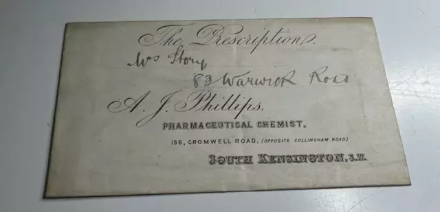 Antique Prescription Envelope A J Phillips chemist Cromwell Rd South Kensington