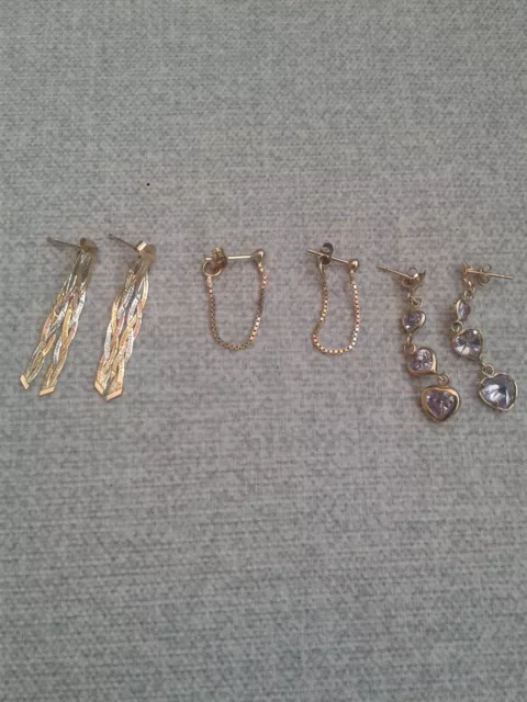 3 pairs of 9ct gold earrings