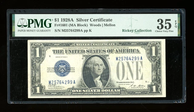 DBR 1928-A $1 Silver Funnyback Fr. 1601 MA Block PMG 35 EPQ Serial M25764299A