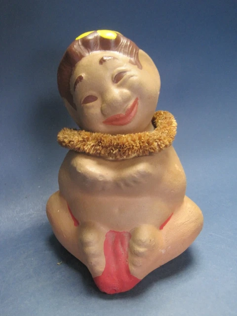 Vintage Hawaiian Menehune Bank Of Hawaii Promo Bank w Original Crepe Lei VGC