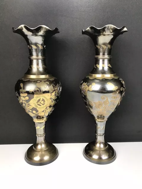 Vintage Pair Large Solid Brass Vases 16" Etched Detail Ruffled Top Old - 1970s