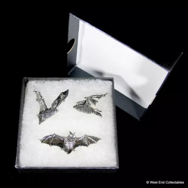 Gothic Bat Handmade Pewter Pin Brooch Set - 3 x Badge Gift Box Halloween Vampire