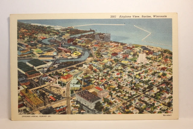 Postcard Airplane View Chicago Aerial Survey Co. Racine WI K24