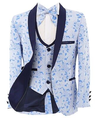 Boys Floral Tuxedo Blue Suit Page Boy Wedding Party 5 Piece Set