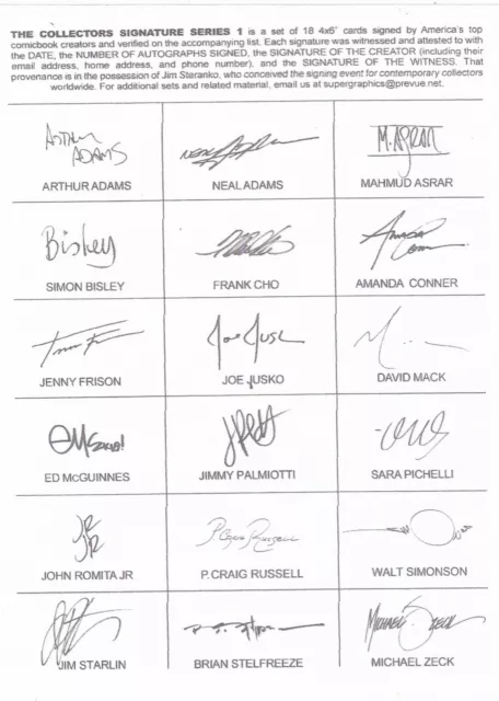 Steranko Collectors Signature Set 18 Artist Autographs Neal Adams, Jim Starlin +