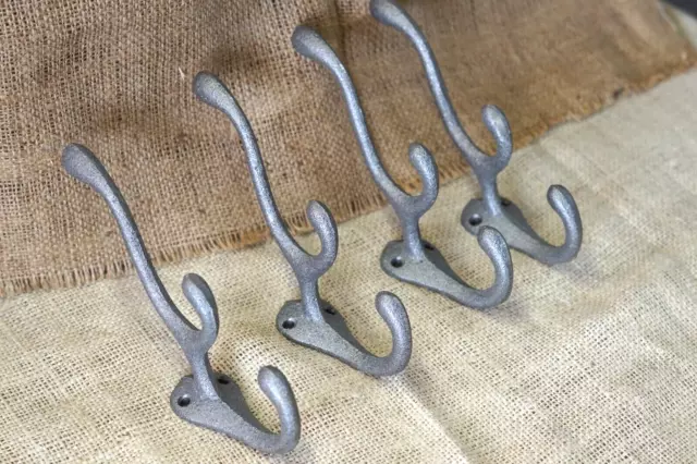 4 Cast Iron TRIPLE SCHOOL Style Coat Hooks Hat Hook Rack Hall Tree Tack Farm