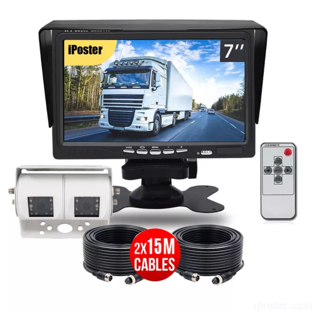 Dual Head 4Pin Reversing Rear View Camera 7" LCD Monitor 12-24v Truck Caravan Rv