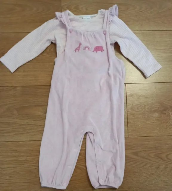 Baby Girl Pink Soft Velour Dungarees And Stripey Top Next Age 9-12 Months