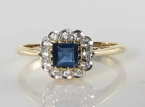 DAINTY 9K 9CT GOLD Sri LANKAN BLUE SAPPHIRE DIAMOND ART DECO INS RING FREE SIZE