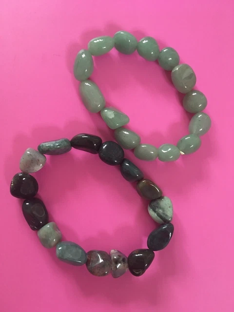 Two Green and Jade Coloured Stone Elastic Bracelets