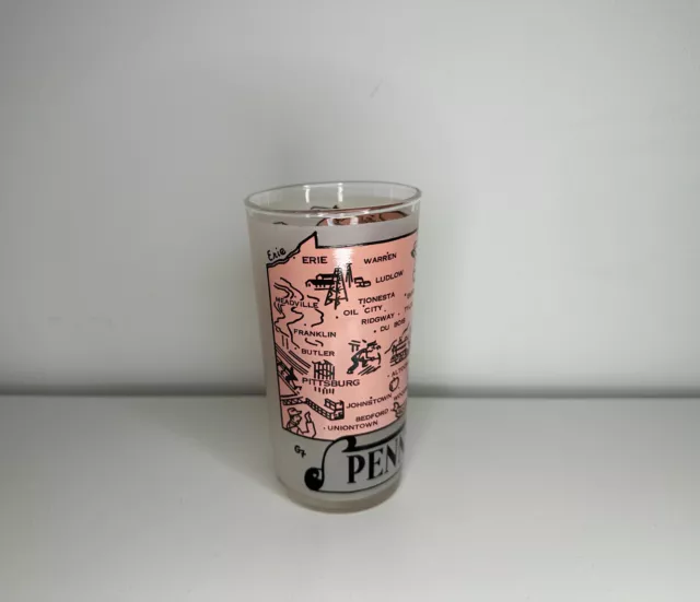 Vintage Hazel Atlas Pennsylvania State Souvenir Frosted Glass Tumbler 5" Pink