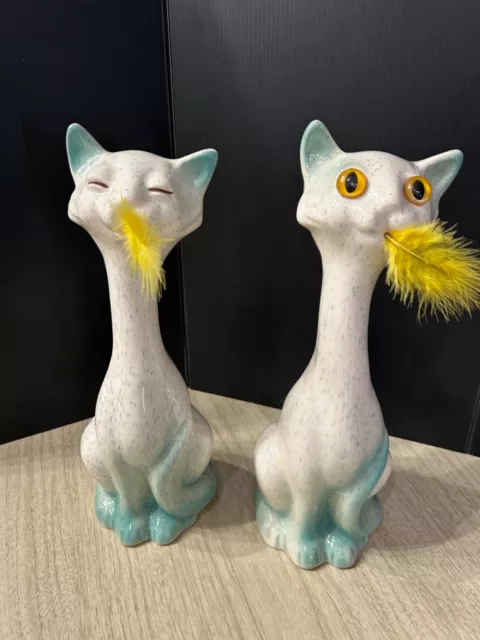 Vintage Rocky Mountain Pottery Turquoise White Cats that Ate the Canary RARE HTF