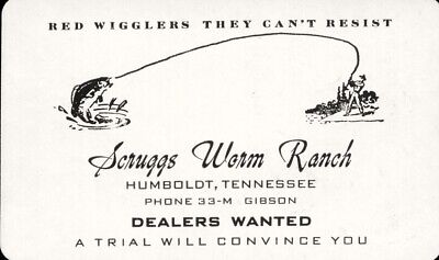 c1940 Scruggs Worm Ranch Humboldt TN White Business Card Dealer Trial Wigglers