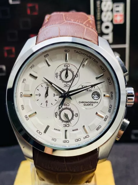 Tissot montre homme quartz chrono cadran blanc bracelet cuir