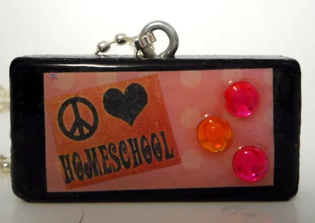 Peace Love Homeschool Collage Domino Necklace Pendant Reclaimed Mixed Media Art