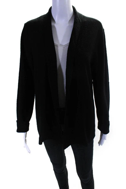 Eileen Fisher Womens Black Wool Open Front Cowl Neck Cardigan Sweater Top Size L