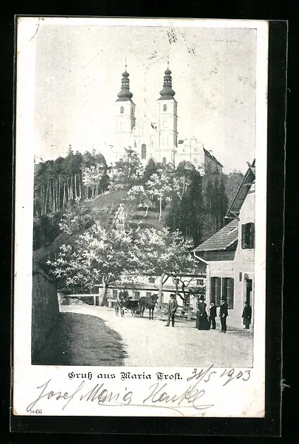 Graz, Maria Trost von der Straße gesehen, mit Kutsche, Ansichtskarte 1903