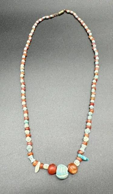 Ancient Egpytian blue faience, carnelian "Mummy bead" necklace 600-300 BC (A52)