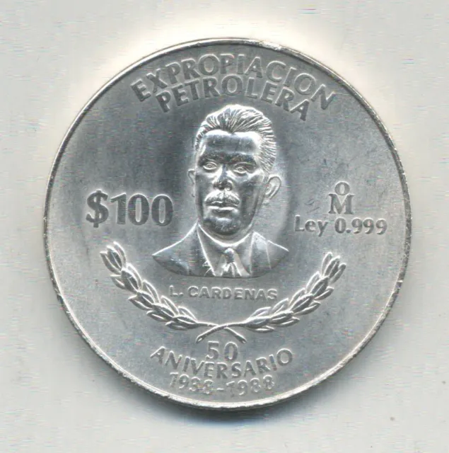 Mexico 100 Pesos 1988 Silver Nationalization of Oil Industry KM 533 Rare UNC