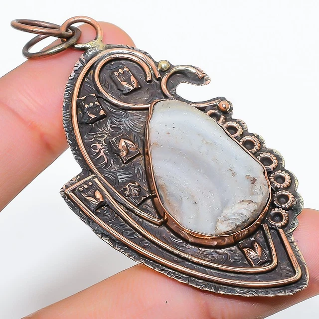 Desert Rose Druzy Gemstone Handmade Ethnic Copper Jewelry Pendant 2.88"