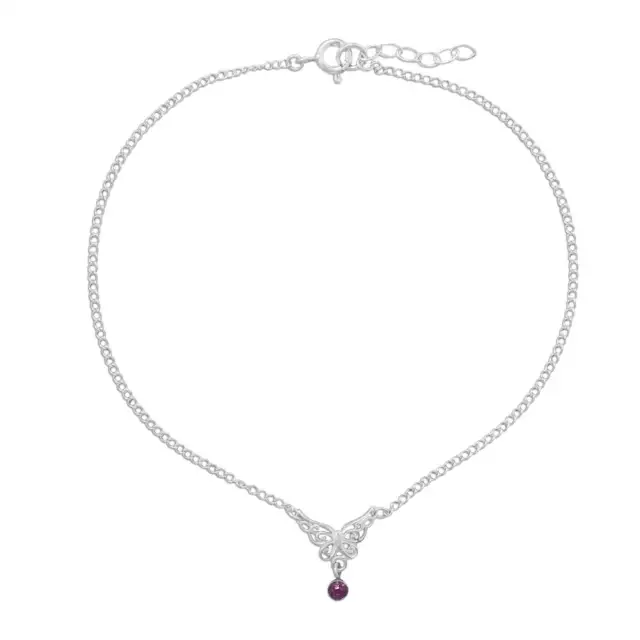 9.5" 5" Butterfly Anklet with Purple Crystal Charm 925 Sterling Silver