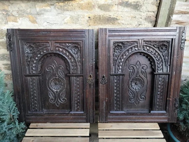 Antique Pair 23.5" carved Wooden Cabinet Doors