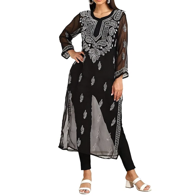 Georgette Chikan Work Kurta con parte superiore ricamata interna...