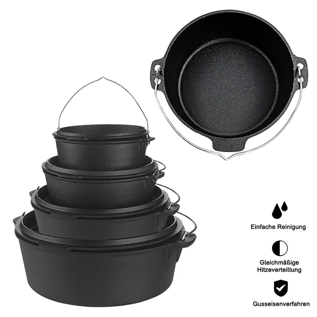 Dutch Oven Feuertopf Gusstopf Kochtopf Gusseisen Potjie Camping Kochgeschirr 12