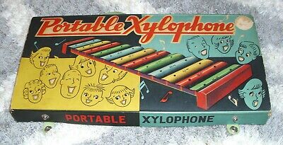 Vintage Japanese Tin Portable Xylophone Late 1940's ? Original Box w/Graphics!