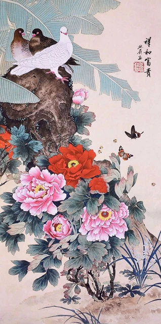 SCROLL ASIAN FINE ART CHINESE WATERCOLOR PAINTING-Birds lover&Peony flowers