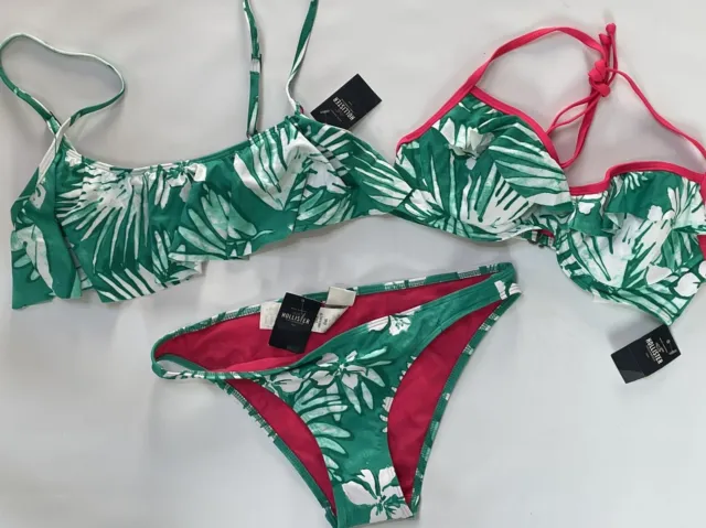 HOLLISTER Mix Match 3pc Bikini Swimsuit Green White Floral Tropical Medium NWT