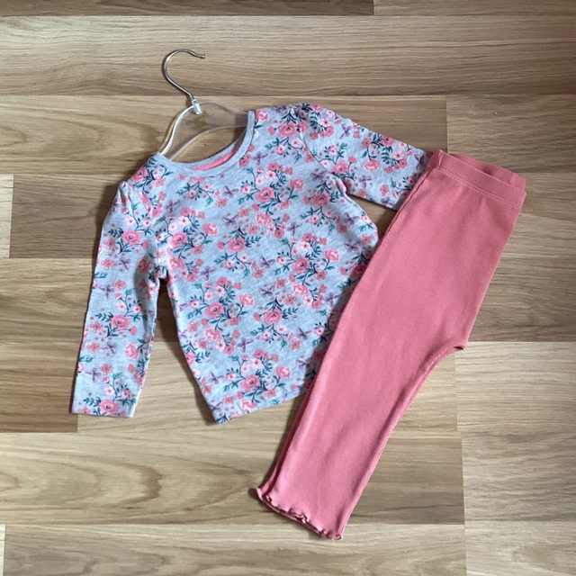 Baby Girl Clothes 9-12 months Preloved Grey & Pink Floral Top Pink Rib Leggings