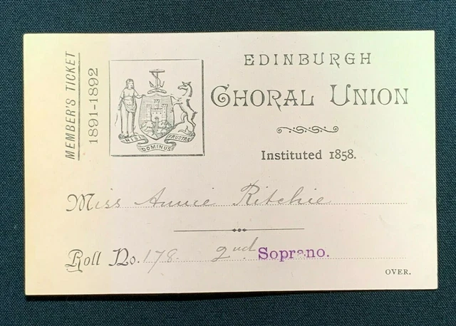 1891-1892 Antique Member's Ticket, Edinburgh Choral Union, Miss Ritchie