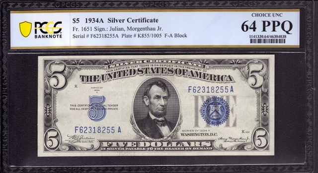 1934 A $5 Silver Certificate Note Fr 1651 Fa Block Pcgs B Choice Unc Cu 64 Ppq