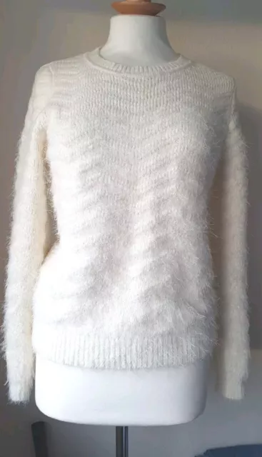 Per Una M&S Jumper S 10 12 Soft Sweater Ivory Cream Fluffy Chevron Cotton Blend