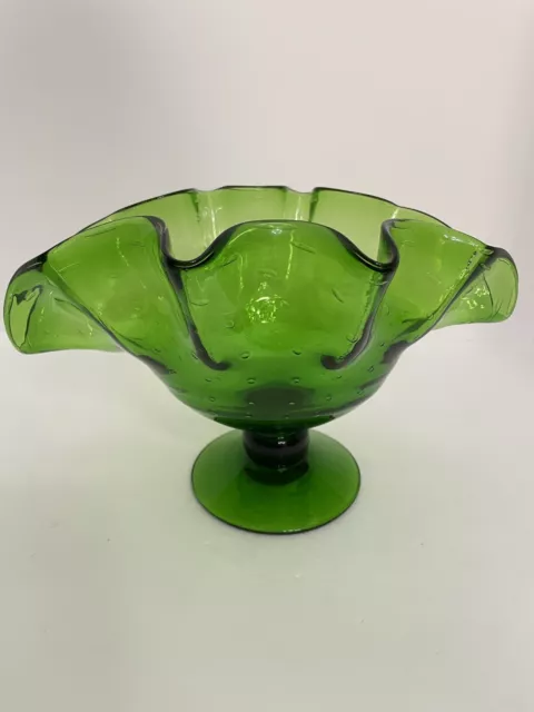 Mid Century Modern Green Hand Blown Art Glass Bowl Controlled Bubbles Pedestal