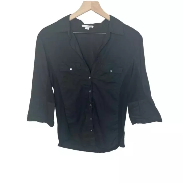 STANDARD JAMES PERSE Women's Sheer Slub Side Panel Button Down Shirt Black 4