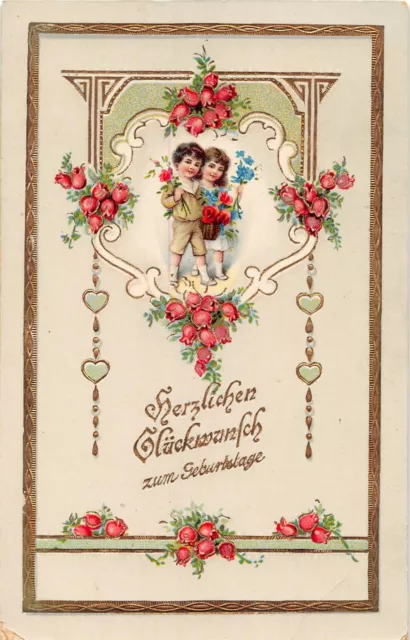 AK Prägekarte Goldglanz Kinder Zum Geburtstag Jugendstil Postkarte vor 1945