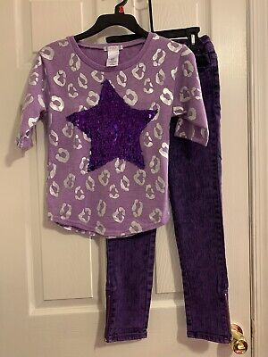 Girls Purple Cheetah S/s Sweater Top Skinny Zipper Jeggings Outfit sz 10/12
