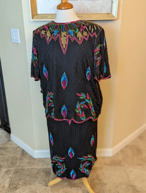 Vintage Beaded 2 Piece Outfit Top Skirt Peacock Inspired 2X 3X Silk