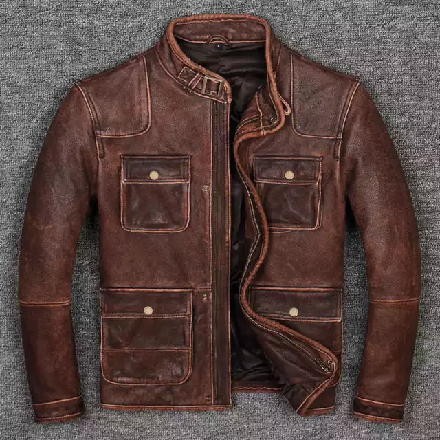 Giacca in pelle di mucca marrone biker cafe racer da uomo vintage moto effetto invecchiato