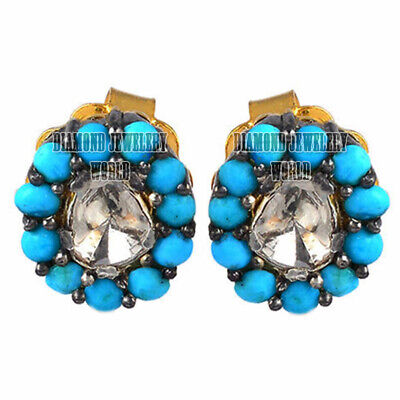 0.40ct Antique Cut Diamond Turquoise Silver Vintage Wedding Stud Earring Jewelry