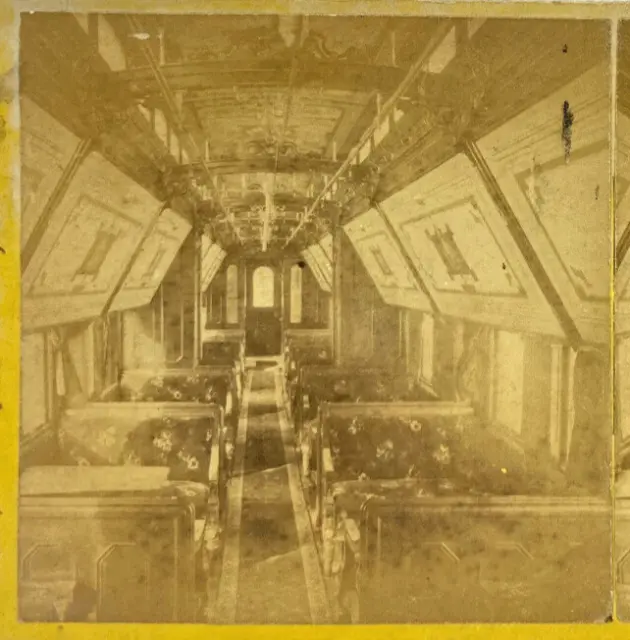 Vtg. A.J. Russell Union Pacific Railroad Stereoview ~ Interior of Pulman Car