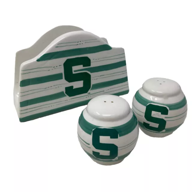 Ceramic MSU Michigan State Napkin Holder  Salt & Pepper Shaker 3 Piece Set
