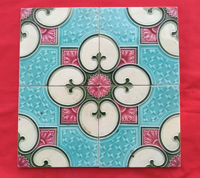 4 Piece Old Art Floral Embossed Design Majolica Ceramic Tiles England 0278