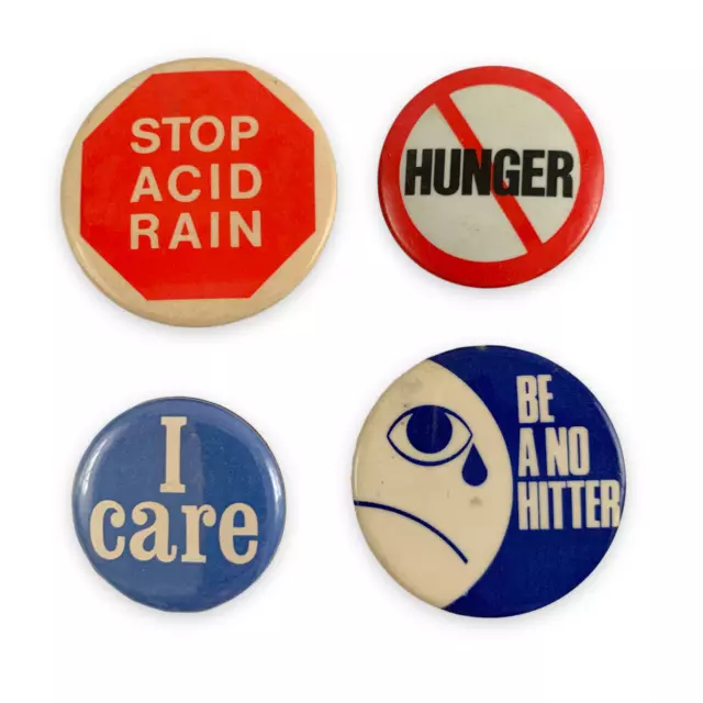 Lot of 4 Activism Button Pin VTG 60s/70s End Hunger Stop Acid Rain I Care