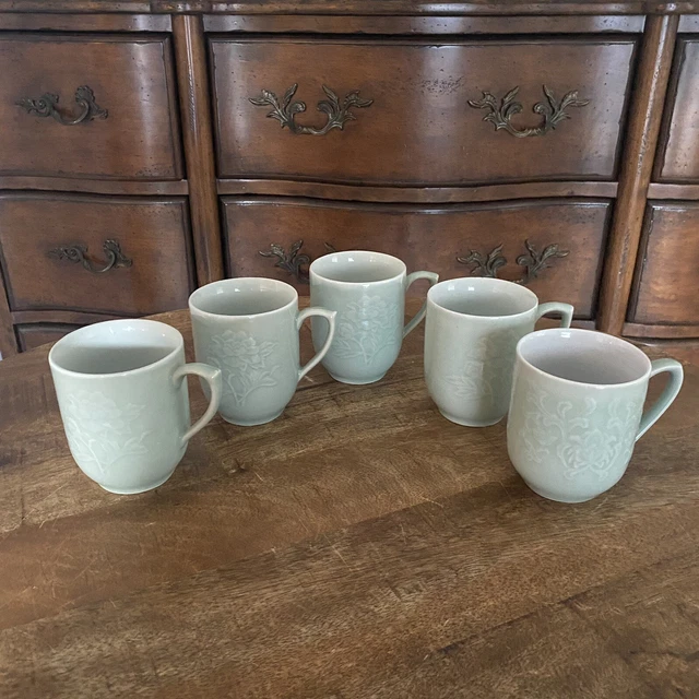 Set Of 5 Vintage Chinese Celadon Floral embossed Mugs