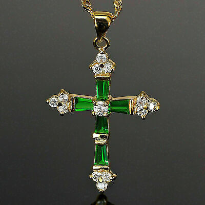 2 CT Baguette Cut Green Emerald And Diamond Cross Pendant 14K Yellow Gold Finish